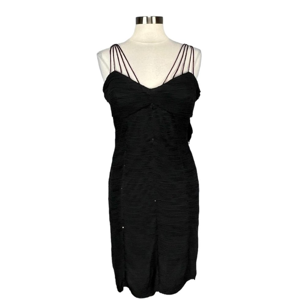 Sue Wong Silk Ruched Evening Dress Black Beaded Sequins Leaf Tassels size 14